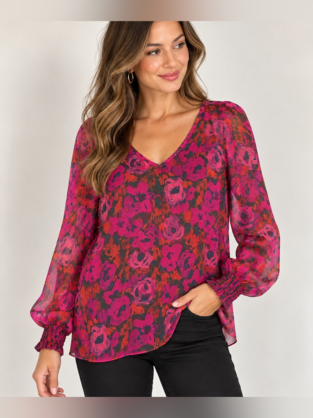 EsQualo Floral Chiffon Blouse Pink Red Balloon Sleeve NWT Size 14